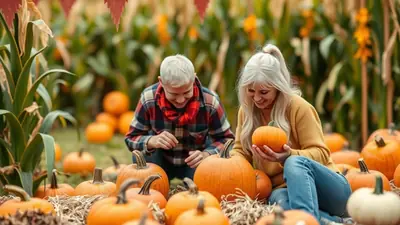 A smiling couple with gray hair sits among pumpkins in a pumpkin patch, surrounded by corn stalks and fall decorations.