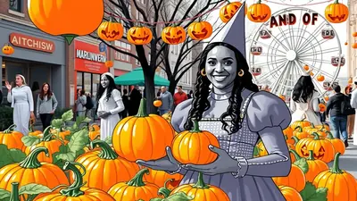 A woman in a witch costume holds pumpkins in front of a Ferris wheel decorated with jack-o-lanterns, with a street scene and more pumpkins in the background.