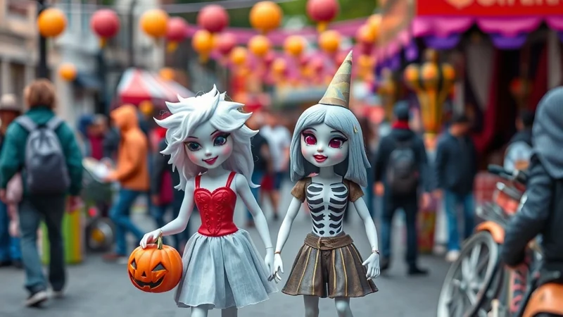 Two dolls dressed as Halloween characters, one with white hair and a red dress holding a jack-o-lantern, the other with grey hair and a skeleton costume, stand on a street decorated with Halloween lights.
