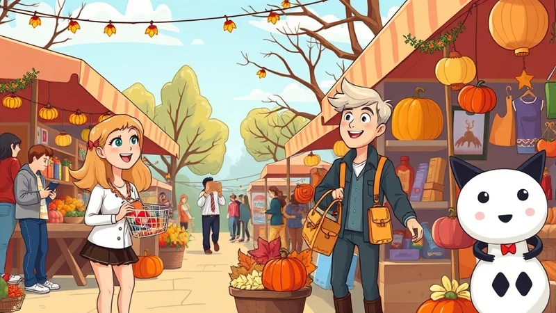 A vibrant autumn market scene with cartoon characters browsing stalls filled with pumpkins and seasonal goods. A young woman with blonde hair holds a basket of produce, while a young man with light-colored hair stands nearby, and a cute black and white creature with large eyes is also present.