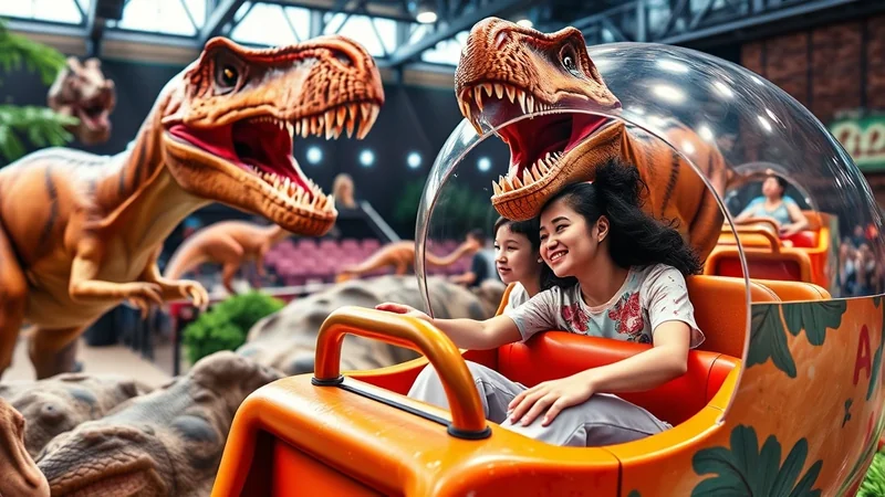 Two young girls ride in a transparent bubble-shaped vehicle through a dinosaur-themed attraction, with animatronic dinosaurs surrounding them.