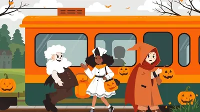 Three children in Halloween costumes stand next to an orange train. The child on the left is dressed as a ghost, the middle child is dressed as a nurse, and the child on the right is dressed as a wizard. They are all holding pumpkin trick-or-treat buckets. The scene is set at dusk with bats flying in the sky and pumpkins scattered around.