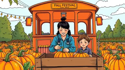 A young girl and boy are smiling in front of a pumpkin patch with a train car labeled "FALL FESTIVAL" in the background.