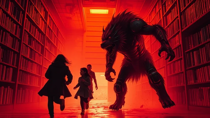 A terrifying werewolf chases two children and an adult through a dimly lit library with red lighting and tall bookshelves.