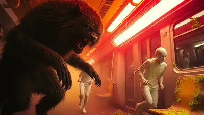 A terrifying werewolf lunges at two pale, bald figures inside a subway car, illuminated by eerie red lights. The figures are running away in fear, with the werewolf's fangs bared and claws extended.