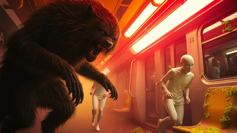 A terrifying werewolf lunges at two pale, bald figures inside a subway car, illuminated by eerie red lights. The figures are running away in fear, with the werewolf's fangs bared and claws extended.