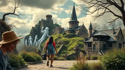 A woman in a straw hat looks down as a young woman with a backpack walks towards a spooky castle on a hill, with several translucent ghosts floating in the background.