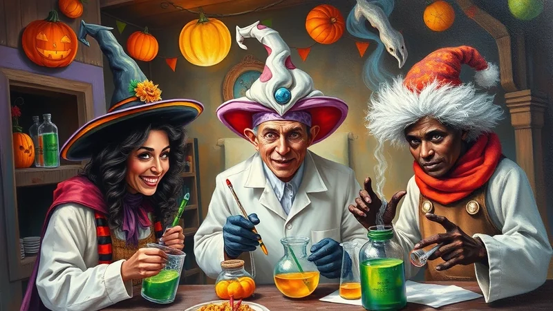 Three people in witch and wizard hats are gathered around a table, mixing potions in a dimly lit room decorated with pumpkins and Halloween-themed items. The person on the left is a woman with dark curly hair, smiling and holding a glass of green liquid. The person in the center is a man with a wide grin, wearing a lab coat and holding a stirring rod. The person on the right is a man with wild white hair and a red scarf, looking intently at a bubbling green potion.
