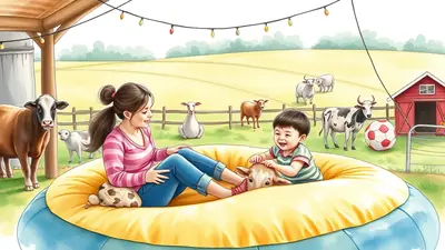 A young boy and a woman are sitting on a large yellow beanbag chair in a farmyard, playing with a calf. Several cows and sheep are visible in the background, along with a red barn and a soccer ball.