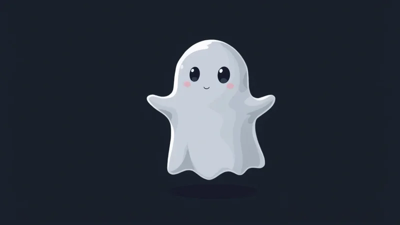 A cute, cartoon ghost with big eyes and rosy cheeks floats in the center against a dark background.