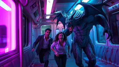 A terrifying dragon with glowing red eyes and large wings lunges at a terrified couple running down a subway car. The car is dimly lit with purple and blue lights, and there are blood splatters on the seats.