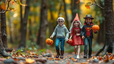 Three cartoon characters in Halloween costumes walk through a forest floor covered in autumn leaves. The character on the left wears a grey hoodie and blue jeans, carrying a jack-o-lantern. The middle character is dressed as a witch with a red hat and dress, holding a small jack-o-lantern. The character on the right wears a Superman-themed outfit and a hat, holding a pumpkin.