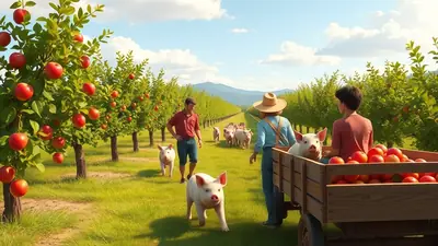 A sunny day in an apple orchard with rows of apple trees laden with red apples. Two people, one wearing a straw hat, are tending to a wooden cart filled with apples and a piglet. A man walks in the background with a group of pigs following him, and two other piglets are in the foreground.