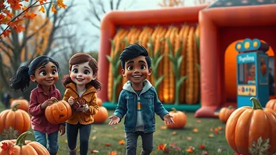 Three cartoon children, two girls and one boy, are smiling and holding pumpkins in a park with an inflatable corn maze and pumpkins in the background.
