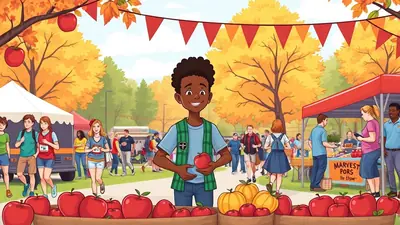A young boy with dark curly hair and a green vest holds a red apple at an autumn harvest festival. He stands in front of stalls selling apples and pumpkins, with people browsing in the background under colorful fall foliage and red and orange bunting.