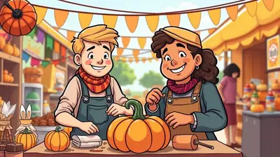 Two smiling cartoon children, a boy and a girl, are carving a large pumpkin at a market stall decorated for autumn. The boy, with blonde hair and an orange scarf, is on the left, and the girl, with dark curly hair and a yellow cap, is on the right. They are surrounded by smaller pumpkins, hay bales, and autumn decorations, with other shoppers blurred in the background.