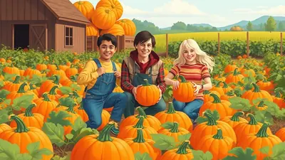 Three smiling children, two boys and a girl, are sitting in a pumpkin patch on a sunny autumn day. They are surrounded by many pumpkins and a barn is visible in the background. The children are holding pumpkins and appear to be enjoying the fall harvest.