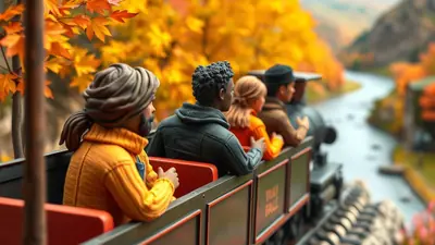 A group of people ride on an open-air train through a scenic landscape during autumn, with vibrant orange and yellow foliage surrounding them.
