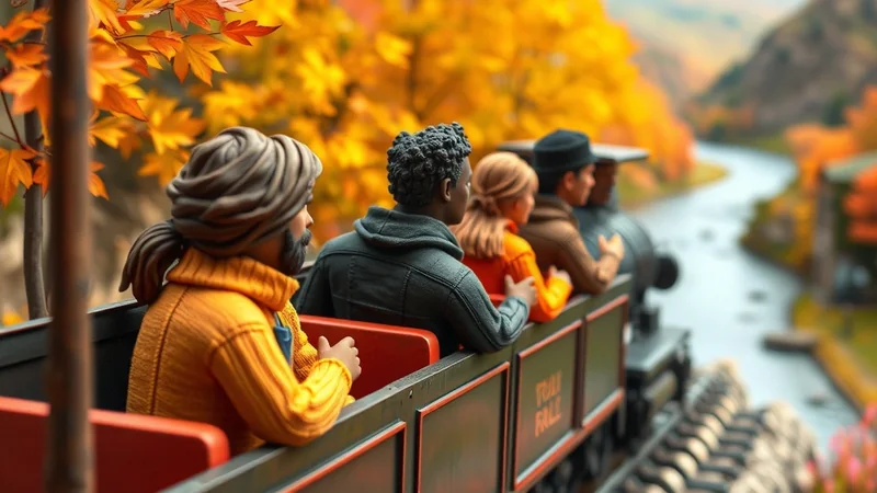 A group of people ride on an open-air train through a scenic landscape during autumn, with vibrant orange and yellow foliage surrounding them.