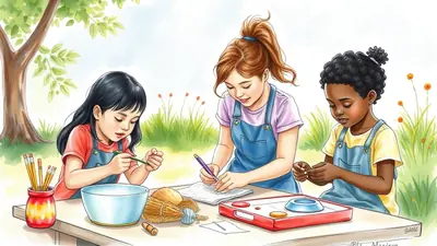 Three young girls of diverse ethnicities are sitting at a table outdoors, engaged in a craft activity. The girl on the left with black hair is holding a green pencil and looking down at a bowl. The girl in the middle with brown hair in a ponytail is writing in a notebook with a purple pen. The girl on the right with dark curly hair is focused on a small object in her hands. They are all wearing denim overalls over colorful shirts, and the scene is set against a backdrop of green grass, trees, and a bright sky, suggesting a pleasant day for outdoor learning or a creative project.