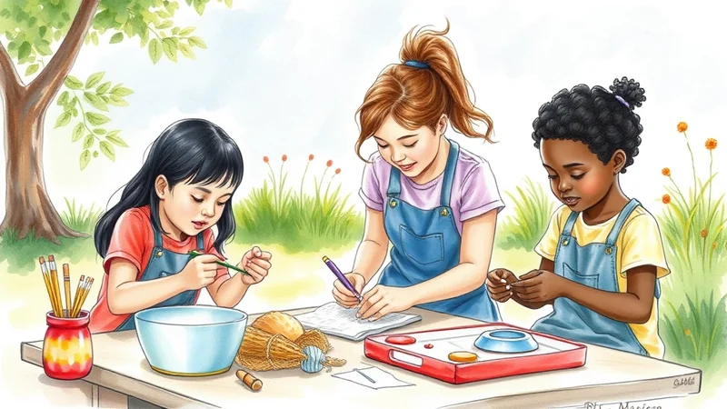 Three young girls of diverse ethnicities are sitting at a table outdoors, engaged in a craft activity. The girl on the left with black hair is holding a green pencil and looking down at a bowl. The girl in the middle with brown hair in a ponytail is writing in a notebook with a purple pen. The girl on the right with dark curly hair is focused on a small object in her hands. They are all wearing denim overalls over colorful shirts, and the scene is set against a backdrop of green grass, trees, and a bright sky, suggesting a pleasant day for outdoor learning or a creative project.