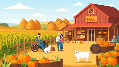 A vibrant autumn farm scene with a red barn labeled "FALL", a field of corn, hay bales, pumpkins, a farmer in a cart, a couple, and two pigs.