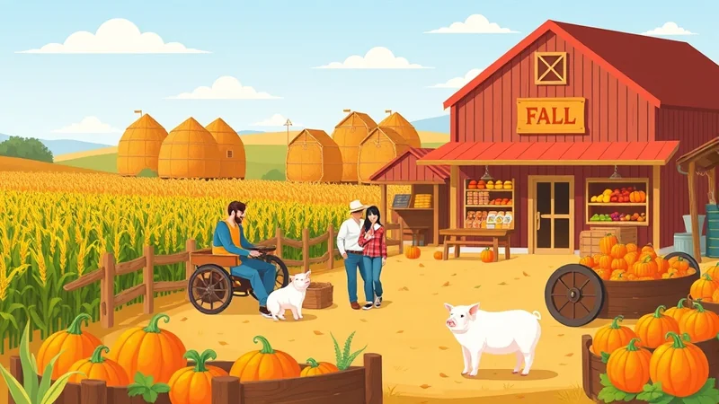 A vibrant autumn farm scene with a red barn labeled "FALL", a field of corn, hay bales, pumpkins, a farmer in a cart, a couple, and two pigs.