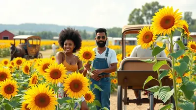 A smiling Black woman and a man with a beard and sunglasses stand in a sunflower field, holding sunflowers. In the background, a horse-drawn carriage is visible, along with a red barn and more sunflowers.