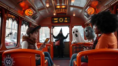 Inside a decorated trolley for Halloween, two young women are seated, one looking at her phone and the other holding a mask. A person in a witch's hat and a ghost costume stand in the doorway, with Halloween decorations like jack-o'-lanterns visible throughout the trolley.