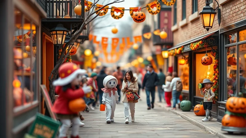A street decorated for Halloween with people in costumes walking along a cobblestone path lined with shops and festive decorations like pumpkins and banners.