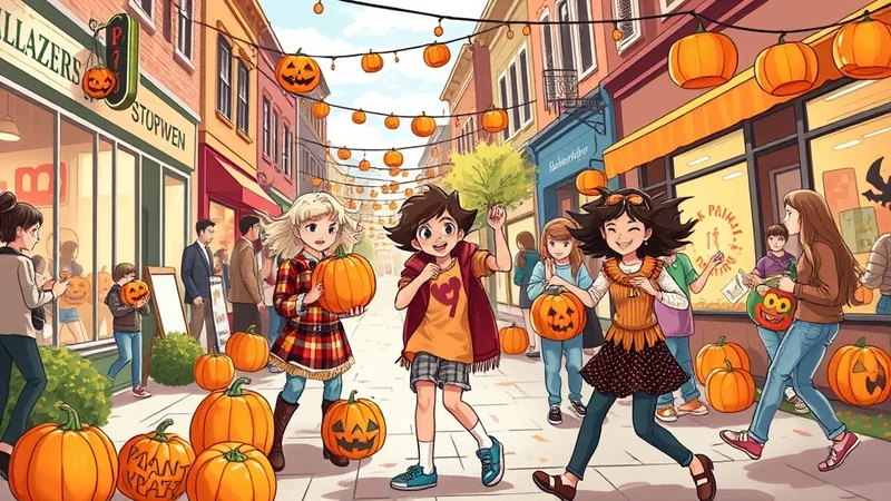 A group of children and adults are walking down a street decorated for Halloween with pumpkins and jack-o'-lanterns hanging from strings overhead. Several children are holding pumpkins, and the overall mood is festive and cheerful.