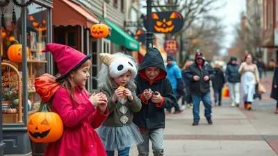 Three children in Halloween costumes walk down a street decorated with pumpkins and Halloween signs. The child on the left wears a pink witch costume, the middle child wears a white ghost-like hat, and the child on the right wears a black hooded jacket.