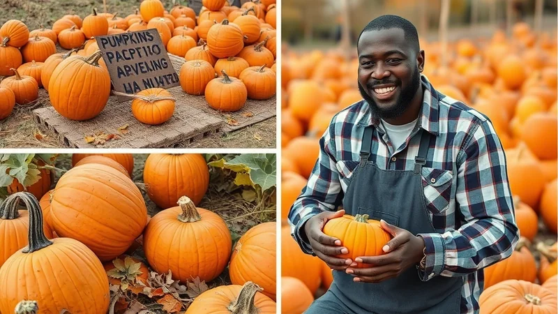 A collage of three images related to pumpkins. The top left shows a pile of pumpkins with a sign that reads "PUMPKINS". The bottom left shows several large pumpkins in a field. The right image features a smiling Black man wearing a plaid shirt and overalls, holding a small pumpkin in a pumpkin patch.