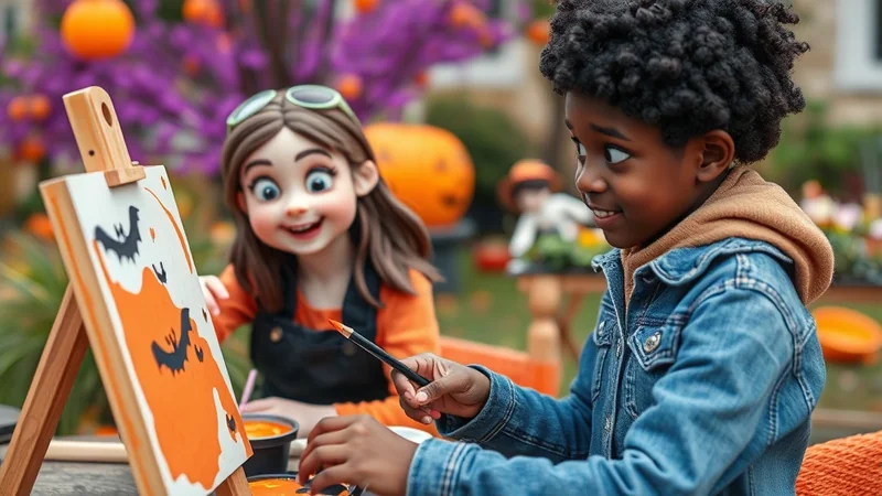 A young Black boy in a denim jacket and a young girl with large eyes and sunglasses are painting a Halloween-themed picture outdoors, with pumpkins and purple decorations in the background.