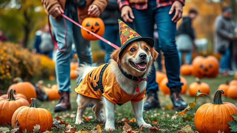 A cute dog wearing a witch hat and a pumpkin costume stands in a grassy area surrounded by pumpkins and fallen leaves, with people in the background.