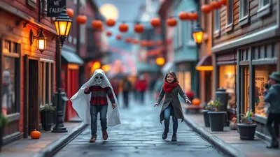 Two children in Halloween costumes run down a street decorated with pumpkins and string lights. One child wears a ghost costume with a skull mask, and the other wears a coat and scarf.