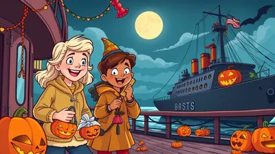 Two children in Halloween costumes stand on a dock at night, holding pumpkin buckets, with a large ship decorated with pumpkins and an American flag in the background under a full moon.