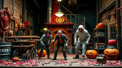 Three people in costumes, two looking mischievous and one in a white hooded outfit, are gathered in a dimly lit, steampunk-inspired alley decorated for Halloween with jack-o'-lanterns and scattered confetti.