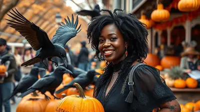 A smiling Black woman with dark, curly hair stands in front of a Halloween display with pumpkins and crows. A crow is in mid-flight to her left, and several other crows are perched on pumpkins. The background shows a blurred street scene with more pumpkins and autumn decorations.