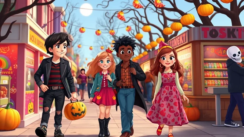 Four cartoon children walk down a street decorated for Halloween, with pumpkins and festive lights. The children are dressed in casual clothes, and one is carrying a jack-o-lantern. A person in a skeleton costume is visible in the background.