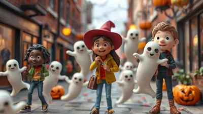 Three cartoon children, two boys and one girl wearing a witch hat, are trick-or-treating on a street lined with shops and decorated with pumpkins and ghosts.