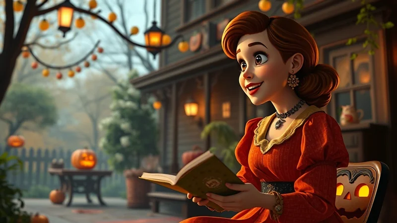 A cartoon woman with auburn hair, wearing an orange dress and a black necklace, sits on a chair with a jack-o-lantern design and reads a book. The scene is set outdoors in front of a house decorated for Halloween with pumpkins and string lights.