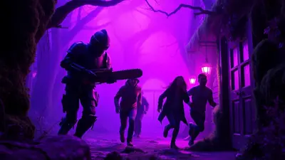 A person in medieval armor holding a chainsaw chases three terrified people through a dark, foggy forest illuminated by purple light.
