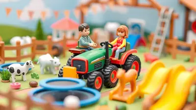A toy farm scene with two children figures riding a green tractor. In the foreground, there are toy cows, a trampoline, and yellow slides, with a wooden fence and a small barn in the background.