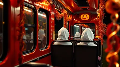 The interior of a red bus decorated for Halloween, with people wearing white hoods sitting in the seats. Orange streamers and jack-o'-lanterns adorn the bus, creating a festive and slightly eerie atmosphere.