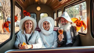 Three people in costumes are sitting inside a vehicle, possibly a train, decorated with Halloween pumpkins. On the left is a woman with a fluffy white hat. In the middle is a woman wearing a white headscarf and hat. On the right is a man with a long white beard and a wizard-like hat, holding a glass of beer.