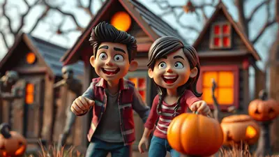 Two cartoon children, a boy and a girl, are smiling and holding pumpkins in front of a spooky haunted house decorated for Halloween. The scene has a playful and festive Halloween mood.