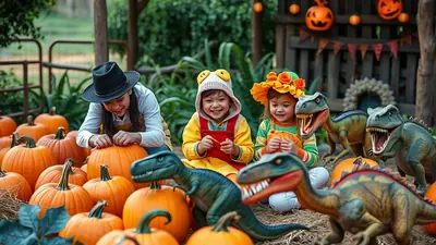 Three children in Halloween costumes are sitting among pumpkins with toy dinosaurs. The child on the left wears a black hat and a white shirt, interacting with a pumpkin. The middle child is dressed in a yellow and red outfit with a frog-themed hat, smiling brightly. The child on the right wears a green and orange striped shirt and a floral hat, also smiling. Several toy dinosaurs are placed around the children and pumpkins, adding a playful, spooky element to the scene.