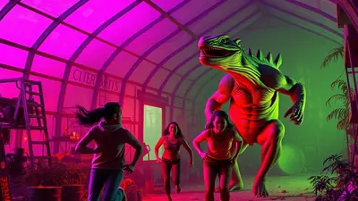A muscular, green-skinned dinosaur-like creature with sharp claws and spikes down its back looms over three people running away from it inside a greenhouse with pink and green lighting.