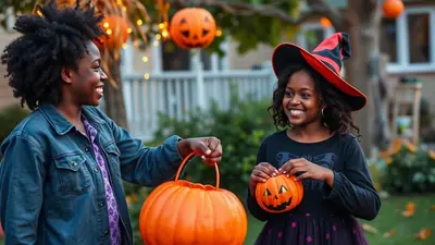 Two young Black girls are smiling and holding Halloween candy buckets shaped like pumpkins. The girl on the left wears a denim jacket over a purple shirt and holds a large pumpkin bucket. The girl on the right wears a witch hat and a black shirt with a purple polka dot skirt, holding a small jack-o'-lantern bucket. They are outdoors in a yard decorated with Halloween pumpkins and lights.